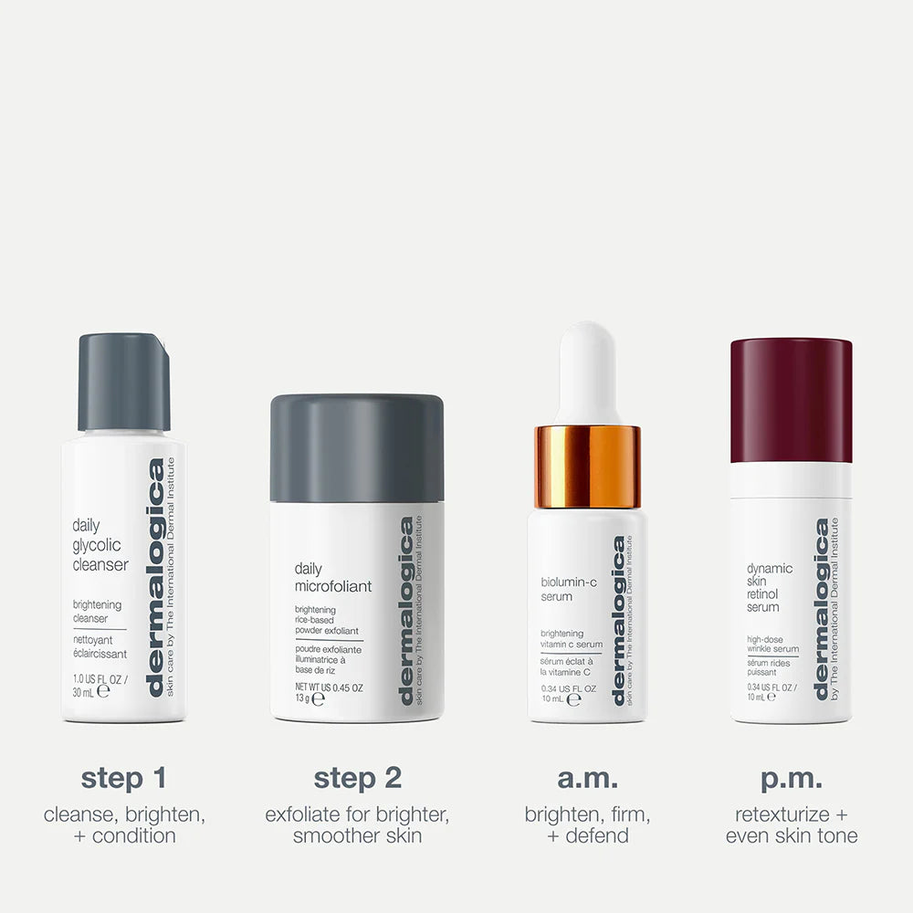 Expertise on the go: Travel Daily Glycolic Cleanser, Daily Microfoliant, Biolumin C Serum, Dynamic Skin Retinol